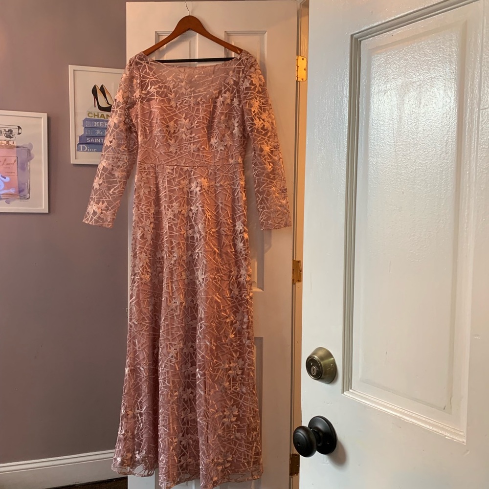 Long sleeve special occasion maxi dress.